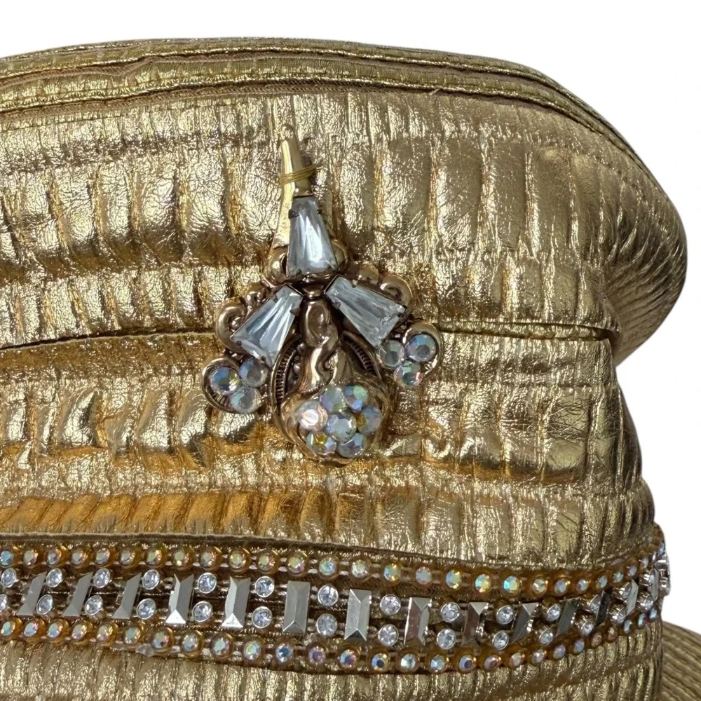 Shellie McDowell NY Gold Metallic Wide Brim Hat Lawrence Vrba Crystal Brooch
